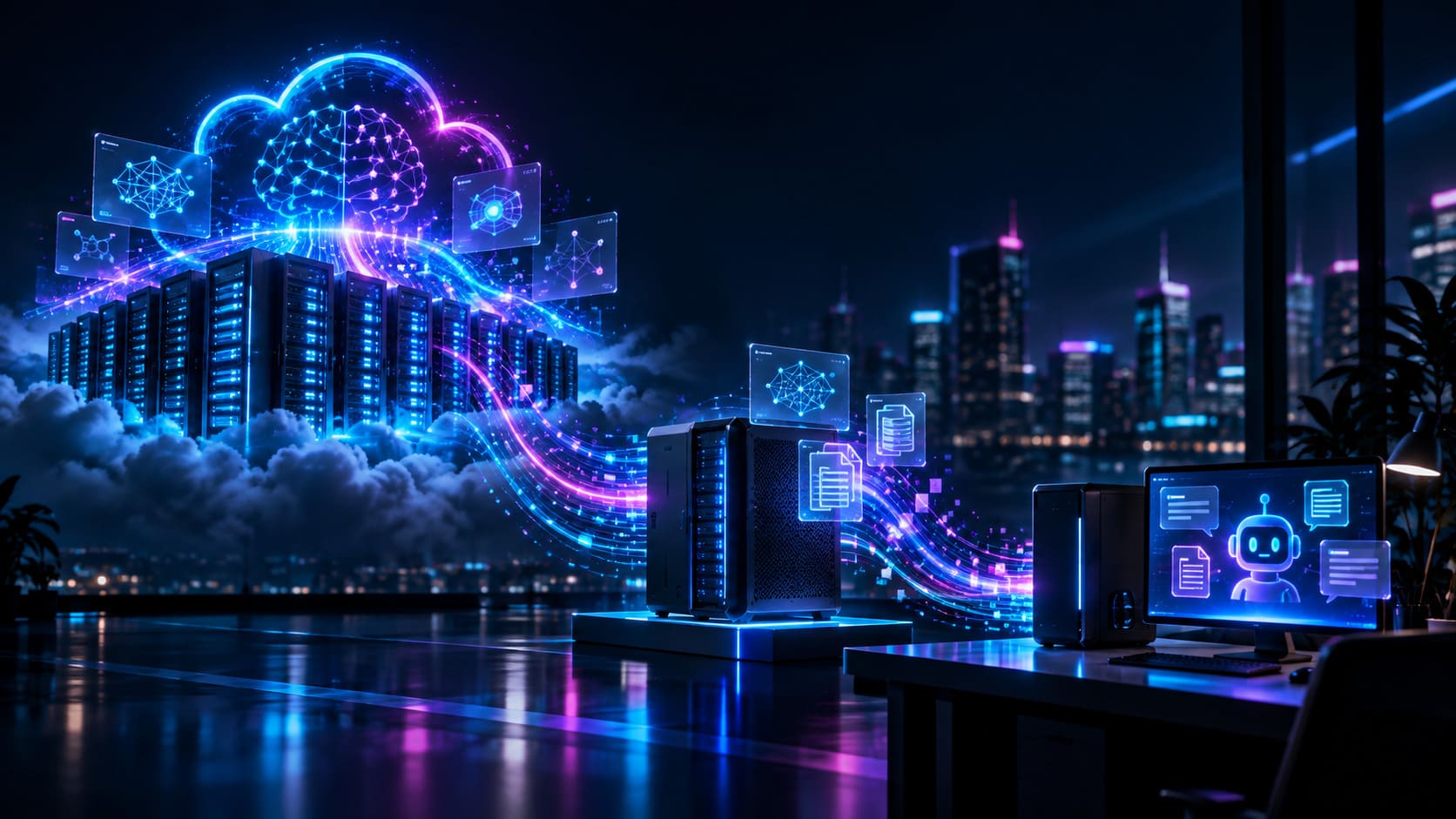 Mô hình workload từ Cloud GPU cluster đến workstation và local AI